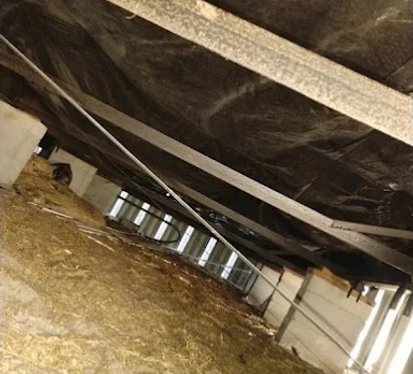 A spacious room featuring a black ceiling and a ladder positioned against one wall.