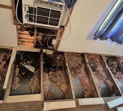 A room featuring a broken window and a damaged air conditioner, highlighting signs of neglect and disrepair.
